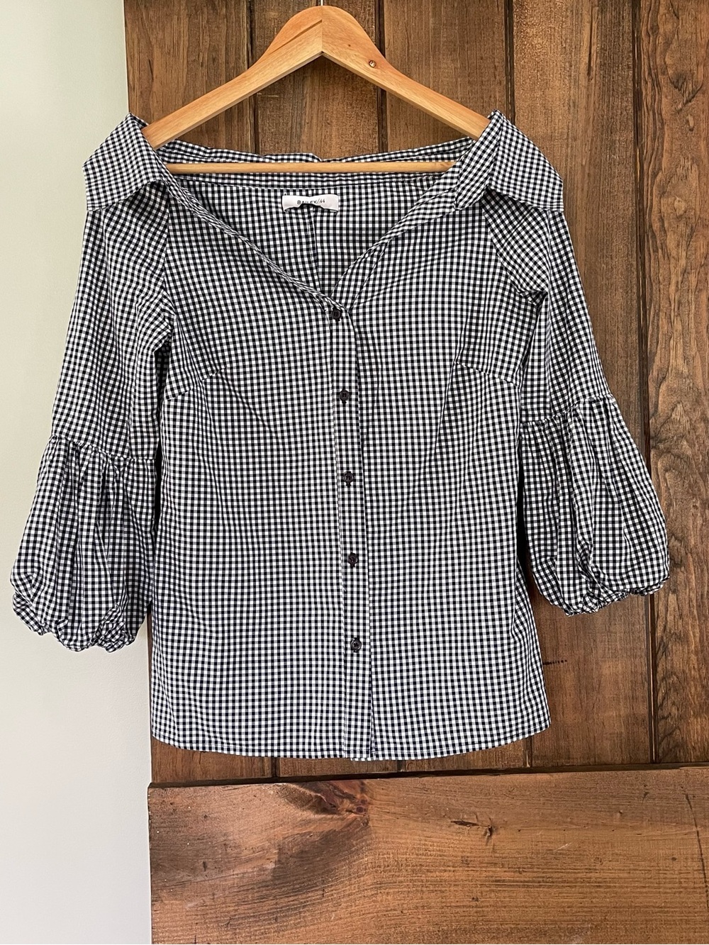 Bailey 44 Bleeding Heart Navy White Gingham Check Open Collar Bubble Sleeve Top